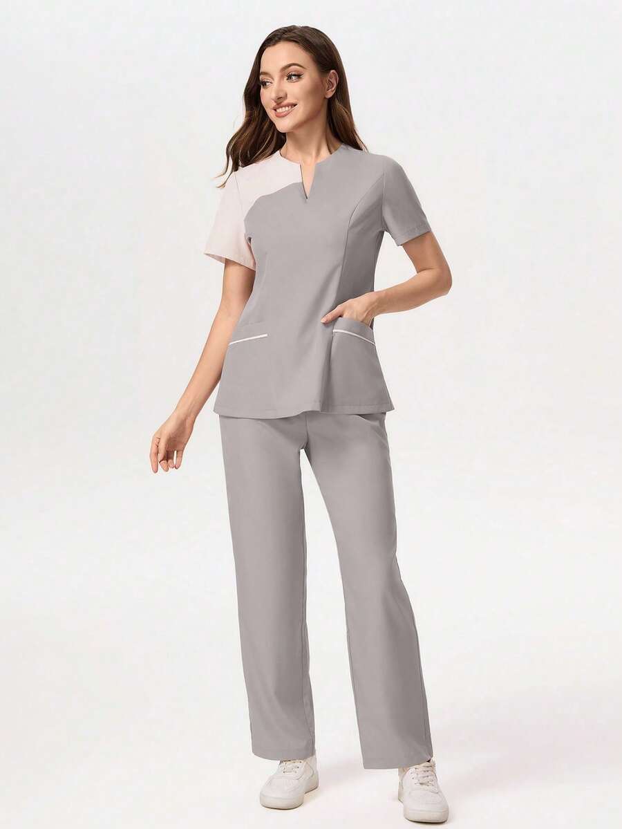 TaskEZ Medical Pajama Uniform Set With Short Sleeve V-Neck Top And Contrasting Pants - Light Grey - View 1