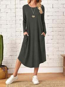 Women's Hot-Selling Mid-Length Dress With Curved Hem And Round Neck, Breathable And Comfortable - Dark Grey - View 3