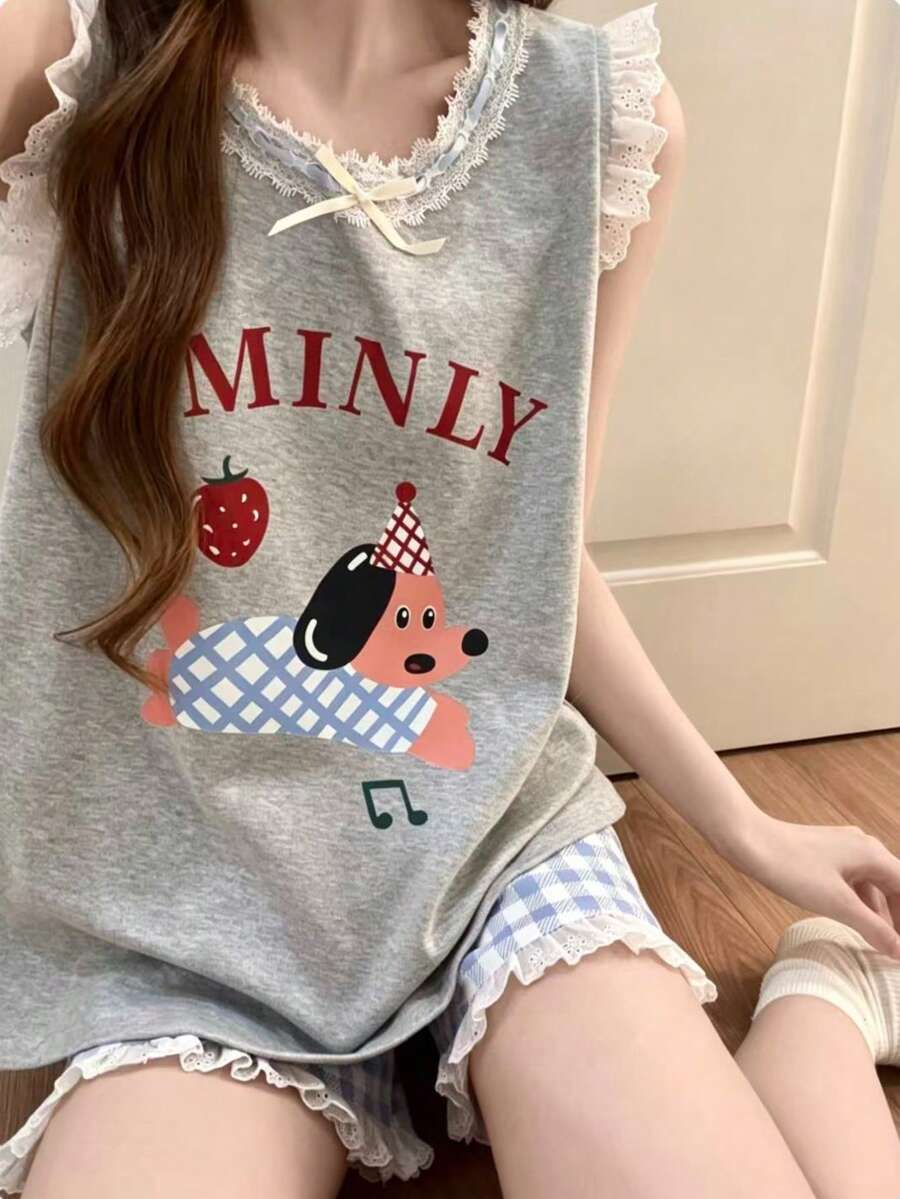 2pcs Women's Pajama Homewear Set, Cute Puppy Print Fashion Sleeveless Pullover Top And Plaid Print Shorts, Suitable For Spring And Summer, Comfortable For Home Wear - Grey - View 1