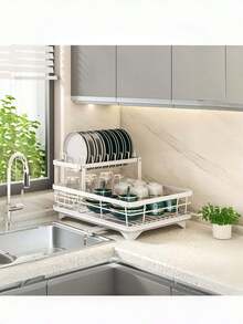 1PC White Dish Rack, 11.81*16.73 Inch Kitchen Dish Drainer With Automatic Drainage Tray, Space Saving Countertop Dish Drying Rack, Plate Bowl Cup Holder Organizer, Kitchen Storage Rack, Modern Home Essentials, Sink Organizer, Kitchen Accessories - White - View 5