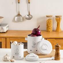 3-Piece Kitchen Storage Canister Set, White Metal Potato Onion Garlic Storage Bins With Lids, Ventilated Food Storage Containers, Farmhouse Style Kitchen Root Vegetable Storage Rack, Fresh-Keeping - White - View 6