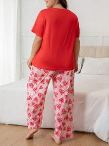 Plus Size Casual Comfortable Heart Print Short Sleeve Red Full Heart Print Pants Women's Loungewear 2 Pieces Set Pajamas - Red - View 2