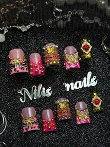10pcs Handmade Fully Covered Short Duck Nails Press On Nails, Hot Pink Nails, Y2K Sweet And Hot Girl Style,Reusable False Nails With Jelly Glue And Nail File,Suitable For Club Night,Birthday Party,Summer Festival, Hangout,Punk Street Daily Styling - Hot Pink - View 3