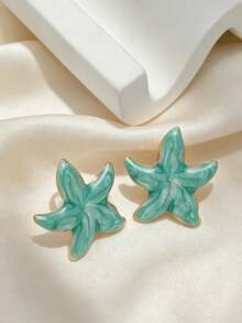 1 Pair Stainless Steel Gold-Plated Oil Drop Earrings, Low-Allergy Fade-Resistant, Elegant Green Enamel Starfish Earrings, Summer Forest Ocean Beach Style, Bohemian Style, Suitable For Women's Daily Wear, Dates, Vacations And Valentine's Day, Perfect Holiday Gift - Multicolor - View 3