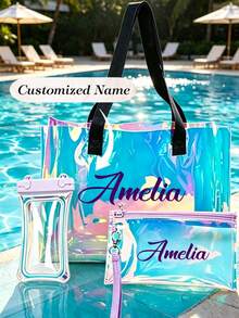 Beach Bag And Zipper Storage Bag, Rainbow PVC Beach Bag With Matching Cosmetic Bag And Waterproof Phone Pouch, Waterproof Laser Women's Shoulder Tote Mesh Bag, Suitable For Swimming Pool, Perfect For Storing Swimwear, Towels, Cosmetics - Multicolor - View 5
