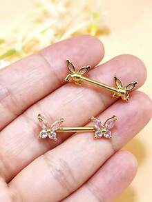 2 piezas de anillos para pezones, joyería de perforación de pezón con barras rectas, joyería de perforación corporal con mariposa, barras de pezón con CZ - Multicolor - Ver 2