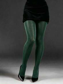 1pc Luxury Silver Glitter Dark Green Tights, High Elasticity Slimming Hot-Selling Fine Glitter Leggings, Y2K Autumn/Winter Vibe Outfit Essential - Multicolor - View 10