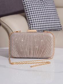 Sparkly Bow Decor Evening Clutch Bag Pleated Handbag Party Bag Shoulder Crossbody Chain Bag Women's Bag Elegant Fashion Versatile Evening Bag For Gowns And Formal Wear For Parties And Gatherings - Champagne - View 8