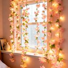 1pc Leaf Cherry Blossom Vine String Lights, Artificial Hydrangea Vine, Hanging Faux Hydrangea Vine Suitable For Room Anniversary, Wedding, Birthday, Mother's Day, Father's Day, Thanksgiving, Party Decoration Leaf Garland, Floral Wreath, Pink Gradient Flowers, Battery Box Powered (Batteries Not Included) - Cherry Blossoms - View 4