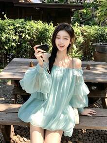 Autumn Women's Ruffle Trim Spaghetti Strap Dress, Cool & Elegant, Suitable For Summer - Cadet Blue - View 3