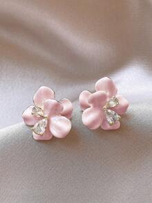 1 par de pendientes de botón con diseño de flor asimétrica elegante y dulce estilo francés, gota de aceite rosa, adecuados para el uso diario y casual de las mujeres - Rosa - Ver 6
