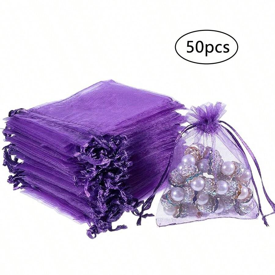 50pcs Organza Gift Bags, Jewelry Bags, Small Mesh Drawstring Bags, Wedding Favor Bags, Bracelet Bags, Transparent Packaging Bags For Jewelry And Small Gifts - Light Blue - View 1