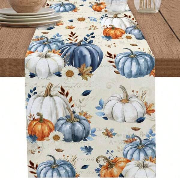 Fall Harvest Blue Pumpkin Table Runner Holiday Party Decor Reusable Kitchen Dining Table Runner For Dresser Scarf,Farmhouse,Wedding Holiday,Autumn Thanksgiving Decorations