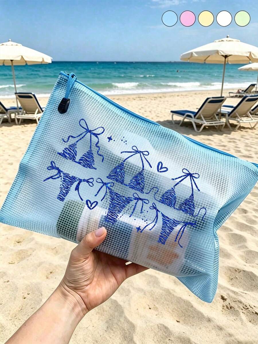 時尚防水PVC沙灘包，彩色字母印花，A4尺寸，透明化妝包，盥洗包，尼龍拉鍊，適合游泳、潛水、夏季度假，輕量，沙灘必備，旅行/返校必備，度假伴侶