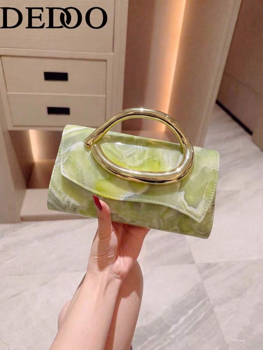 Dedoo 1個時尚金屬裝飾迷你手拿包，優雅亮面金屬條飾女款手提包，適合晚禮服、派對、婚禮、舞會及其他正式場合，附金屬鍊條