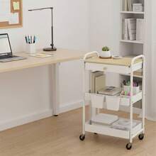 3 Tier Rolling Cart Metal Utility Cart With Wooden Table Top Drawer Hanging Cups Storage Cart For Kitchen Bathroom Office - White - View 5