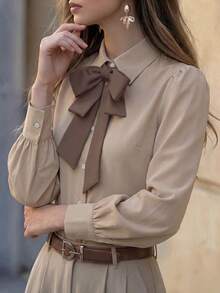 Elegant Women's Long Sleeve Polyester Tie Neck Blouse Regular Fit Non-Stretch Fabric Suitable For Work - Khaki - View 5