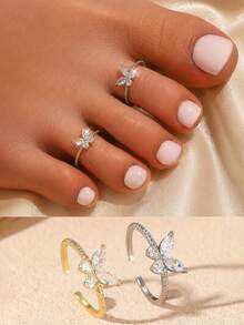 1pc/2pcs Set Shiny Gold Toe Ring Set - Butterfly Design, Delicate Adjustable, Suitable For Women's Summer Beach Wear - Butterfly - View 2