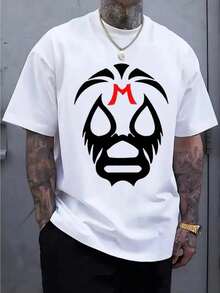Playeras De Hombre Camisas De Hombre Camiseta Lucha Libre Mexicana Diseño Máscara De Luchador Letra M Roja  Algodón Estampado Digital Estilo Urbano Tshirt Casual Hombre - Negro - Ver 1