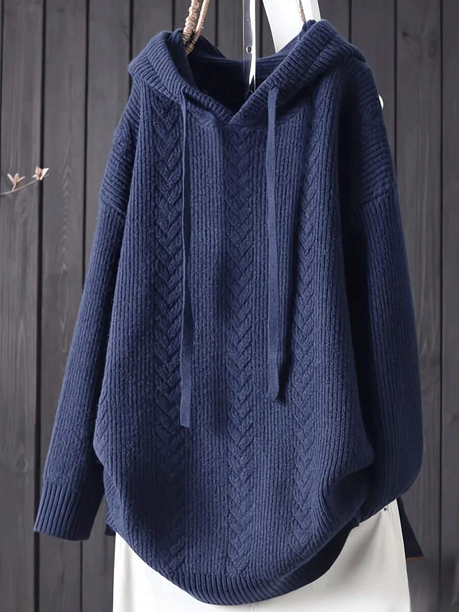 Plus Size Women's Solid Color Drop Shoulder Long Sleeve Drawstring Hooded Loose Casual Sweater - Royal Blue - View 1