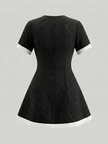 Elegant French Retro Party Holiday Wedding Formal Date Short Sleeve Round Neck Cropped Dress Black Summer - Black - View 6