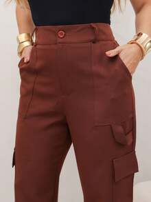 YING ZI Wide Leg Buckle Pocket Tailored Color Pants - Rust Brown - View 5