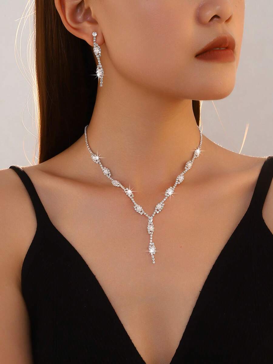 3pcs Full Rhinestone Crystal Gemstone Necklace, Neck Decoration, Suitable For Banquet, Wedding, Anniversary, Valentine's Day Jewelry Set - White - View 1