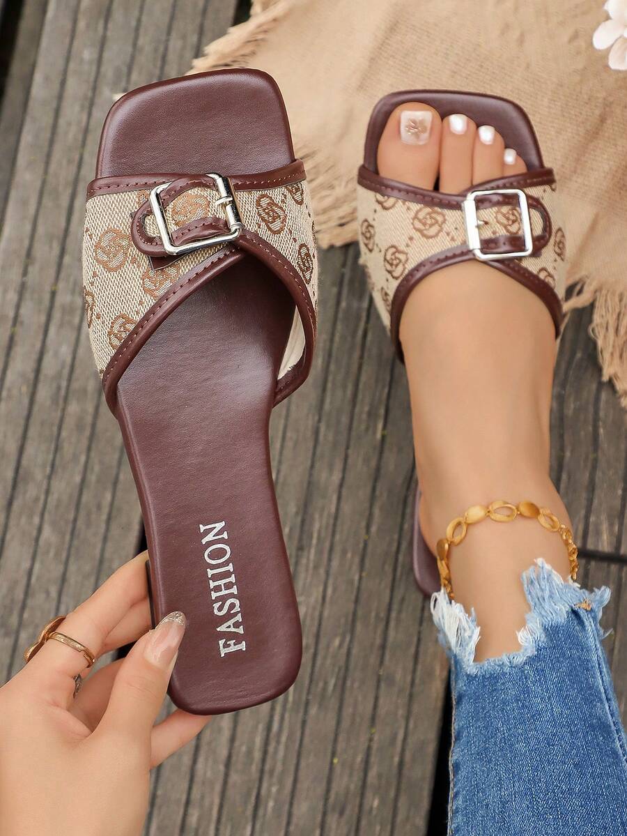 Leaf Crystal Rhinestone Flat Sandals, Burgundy Open Toe Slip-On Women's Summer Sandals - Brown - View 1