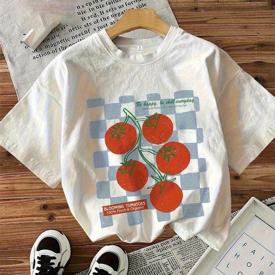 Women's Tomato Italian Slogan Graphic T-Shirt, Oversized Loose Fit White Tee, Retro Short Sleeve Casual Summer Top With Positive Affirmation Print - 白色 - 查看 1