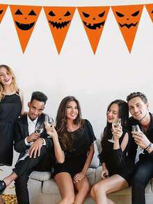 12pcs Halloween Funny Pumpkin Face Triangle Bunting, Orange Ghost Face Pattern Hanging Decor, Suitable For Halloween Party Background Decoration, Home Wall Decor, Store Window Display, Holiday Atmosphere Decoration - Multicolor - View 8