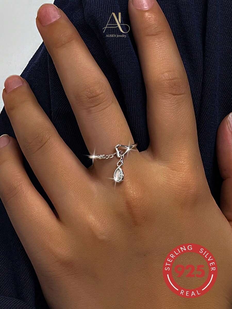 1pc Niche High-End 925 Sterling Silver Synthetic Zirconia Geometric Teardrop Tassel Open Ring, Suitable For Vacation, Party, Wedding - Silver - View 1