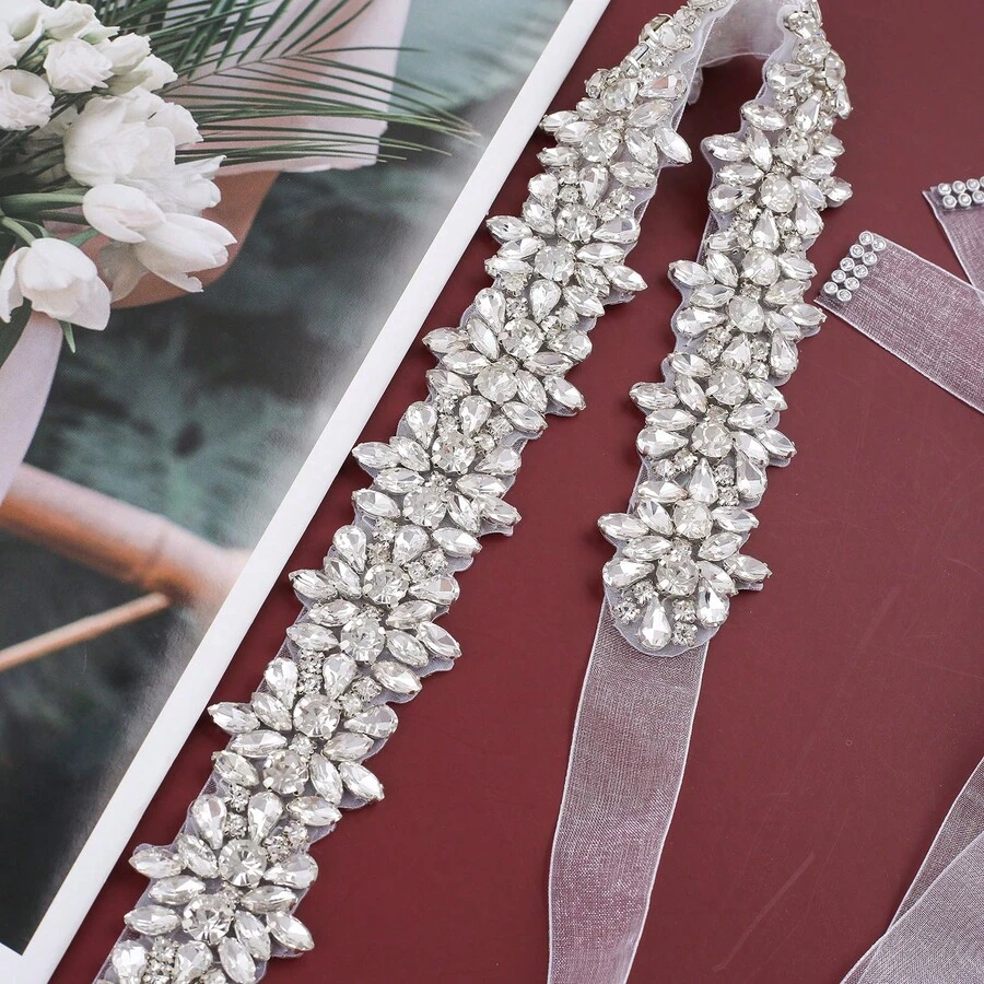 1pc Luxury Bridal Handmade Rhinestone Beaded Waistband Belt For Wedding Party - Sliver Applique+Organza White Ribbon - View 1