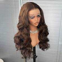 22吋長波浪棕色合成無膠前額假髮女用，150%密度HD透明即戴耐熱纖維假髮，適合日常、派對、度假、節日及其他場合 - 棕色 - 查看 6