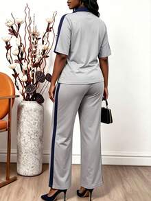 Basic Fall Matching Tracksuit For Going Out & Business, Plus Size Color Block Half Zip Top Striped Pants, Halloween Birthday Casual Two Pieces Set - Grey - View 4