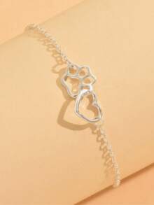 1pc Summer Minimalist Cat & Dog Paw Print Heart Ankle Chain, Hollow Heart Design, Gift For Kids - Silver - View 4