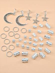 45 Pcs Women's Dreadlock Star Moon Combination Hair Rings Moon Star Braid Hair Clips Hair Accessories Summer Beach Vacation Hair Clips Y2K,Hair Claws - Silver - View 3