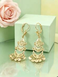 1 Pair Vintage Palace Style Women's Earrings, Multi-Layer Crescent Hollow Filigree Structure, Heart Tassel Pendant, Arabic Women's Festival Wedding Accessory Jewelry Earring, Also Suitable As A Gift - Multicolor - View 6