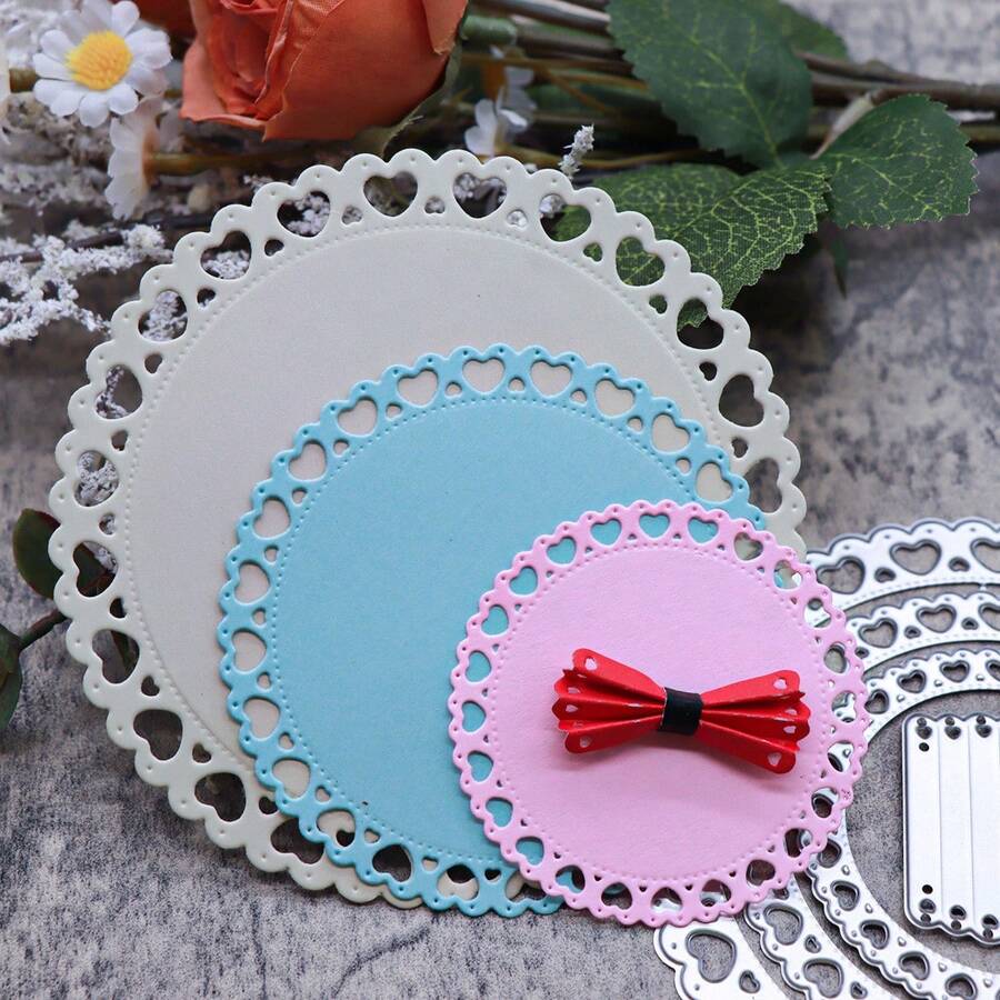 Heart Lace Circle Metal Cutting Dies, Nesting Round Frame Die Cuts, Carbon Steel Embossing Template For DIY Card Making Scrapbooking Paper Crafts - A - View 1