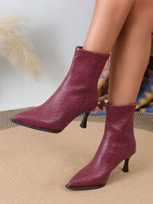 Classic Elegant Women's Thin High Heel Textured Leather Pointed Toe Back Zipper Ankle Boots, Fashionable Casual Versatile Slimming Fashion Boots, Suitable For Vacation, Outdoor Leisure, Sexy - Burgundy - View 3