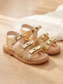 Model Terbaru - Sandal Emas untuk Anak Perempuan Usia 3-12 Tahun. Emas Metalik + Garis Berkilau + Pita + Perekat. Gaya Transparan Mengkilap. - Emas - View 4