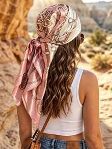 1pc Women's Elegant Chain Pattern Satin-Like 90cm Square Scarf/Headscarf, Suitable For Casual Fashion Outdoor Wear As Scarf, Headband, Shawl, Windproof And Sun Protection, Travel Essential, Beach Towel - Multicolor - View 4