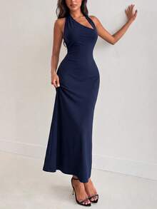 Elegant Asymmetric Halter Backless A-Line Maxi Dress, Suitable For Wedding Guests, Dates, Vacations, Parties, Summer Events - Royal Blue - View 5