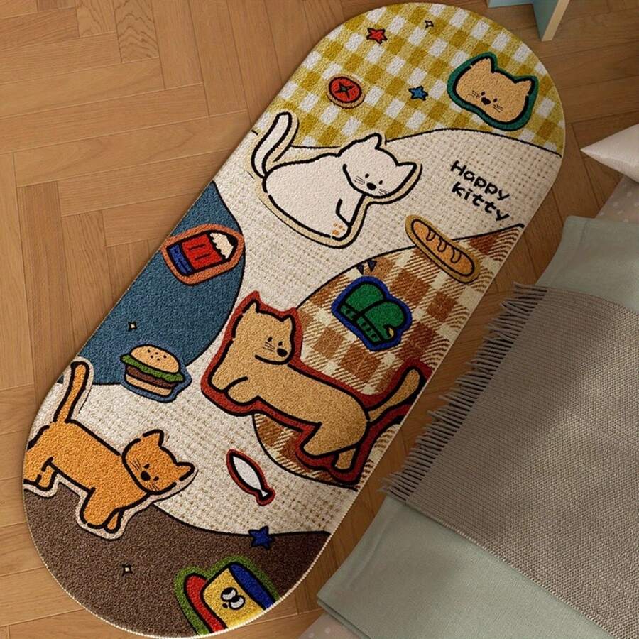 1pc Cute Cat Pattern Oval Non-Slip Floor Mat, Soft Fluffy Bedside Rug, Washable Floor Carpet, Suitable For Bedroom, Living Room Home Decor - Mocha Brown - View 1