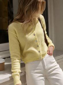Q Cardigan Rajut Kuning Baru Musim Gugur/Dingin Wanita Leher Bulat Kancing Tunggal Longgar Lembut Pendek Jaket Sweater - Kuning - View 4