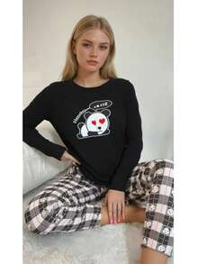 Women's Printed Pajama Set Fabric Soft Breathable Comfortable Sleepwear and Loungewear Set - 黑色 - 查看 5