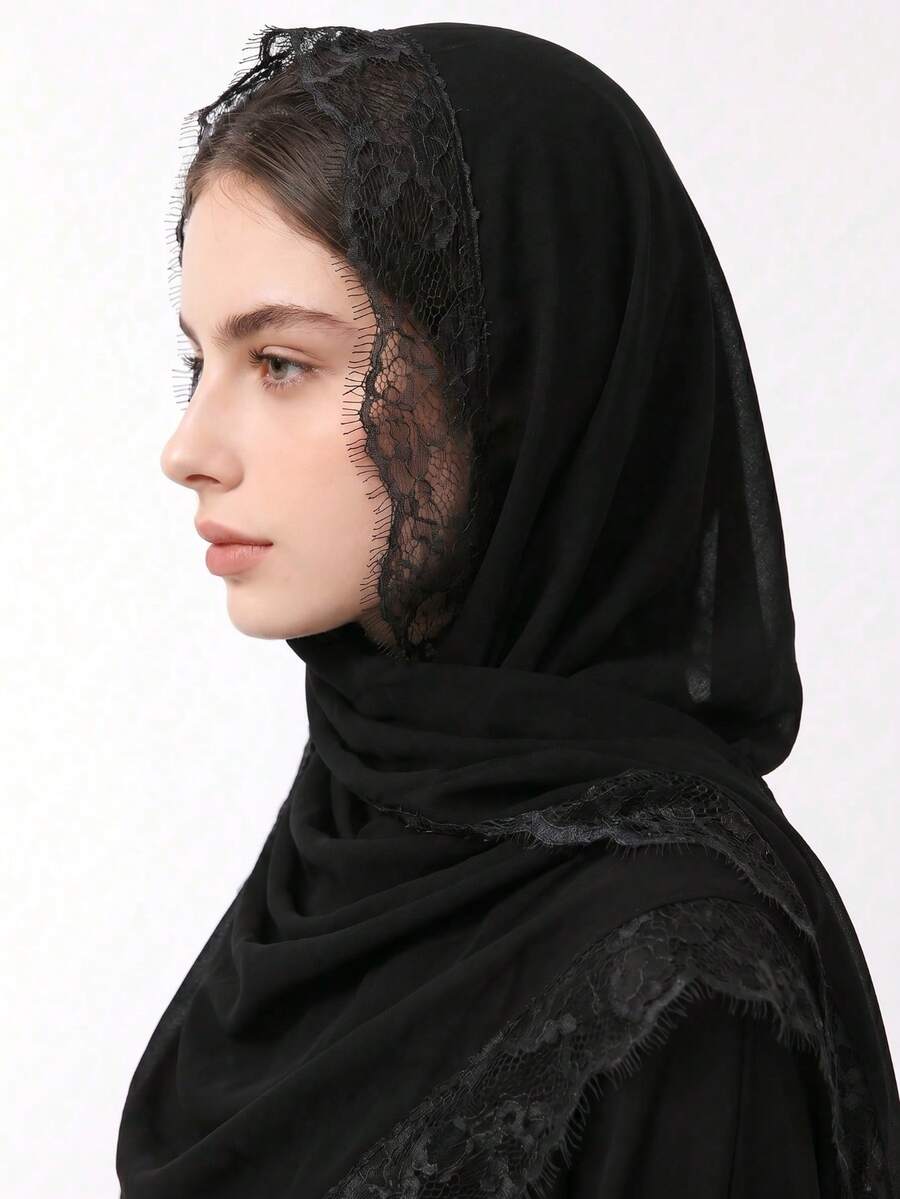 1pc Solid Color Chiffon Women's Headscarf, Fashion New Style Lace Eyelash Trim Decor - Multicolor - View 1