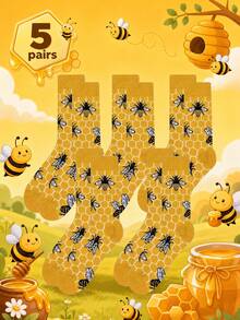1/3/5 Pairs Men's Bee Mesh Mid-Calf Socks, Unisex All-Season Style, Suitable For Sports & Travel, Novelty Gift For Couples, Parents & Families - Multicolor - View 10