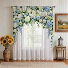 NOSBEI 1PC Light Blue White Hydrangea Rose Print Rod Pocket Curtain, Semi-Sheer Light Filtering Window Drape, Elegant Floral Arrangement For Bedroom Living Room Decor - Multicolor - View 15