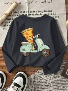 1pc Long Sleeve Crew Neck T-Shirt, Printed With Pizza And Electric Scooter Pattern, New Comfortable Autumn Baby Boy Top - Dark Grey - View 3
