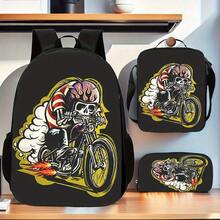 Ensemble de 3 pièces de sac à dos de moto avec compartiment pour ordinateur portable et trousse à crayons - Grand sac à dos avec graphique noir et or, sac à bandoulière et trousse à crayons pour hommes et femmes, sacs à dos de voyage en polyester durable - Noir - Voir 1